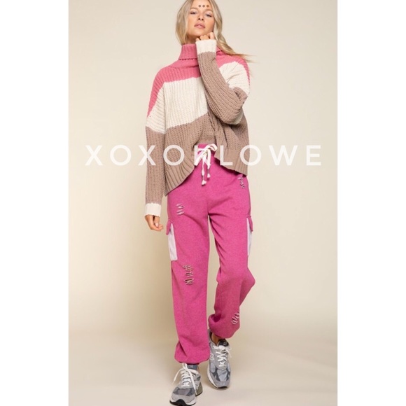 POL PLUS Pink 3 Tone Color Block Sweater Turtleneck Oversize Fit - Picture 8 of 14